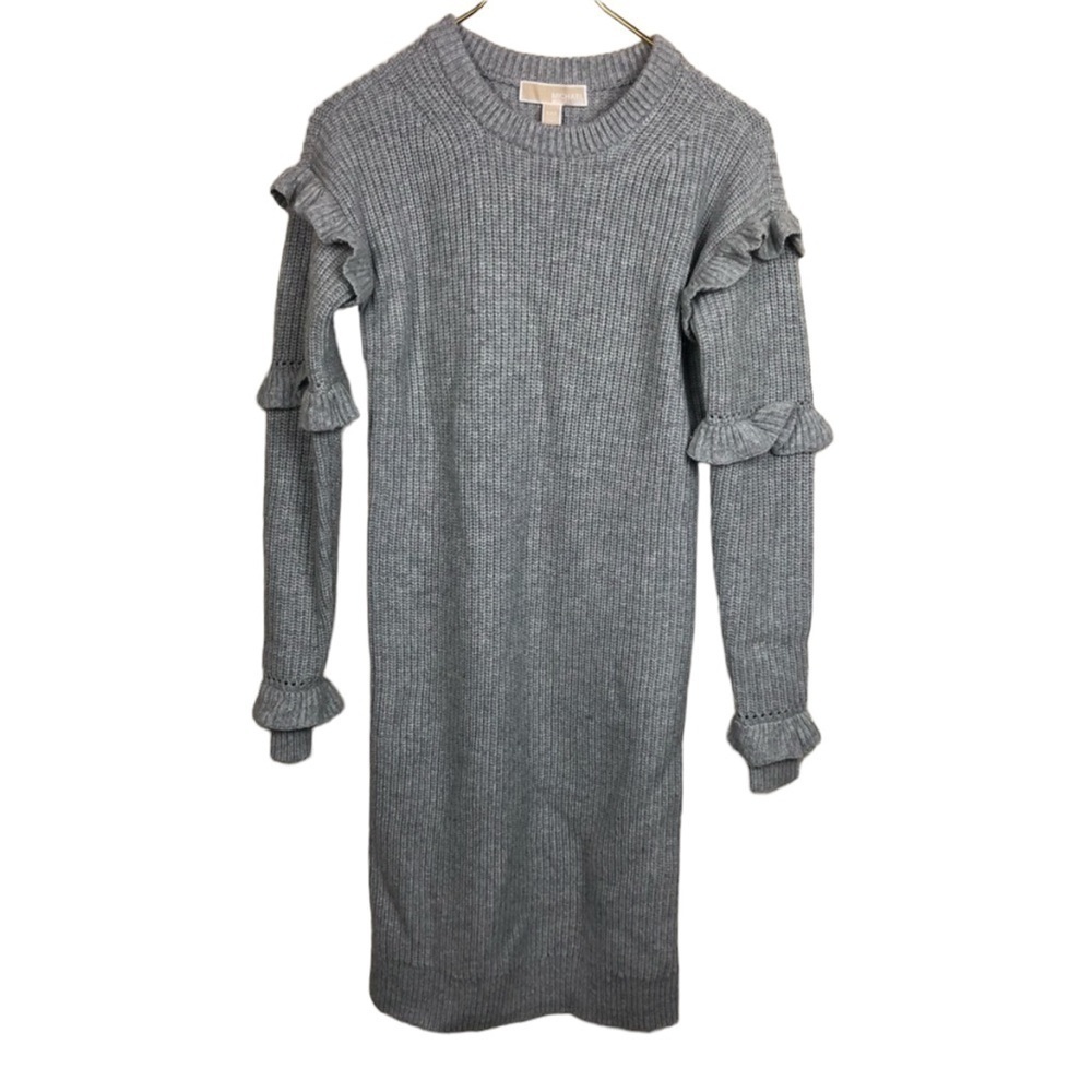 Michael Kors Ruffled Ribbed Sweater Dress Gray XXS - Picture 9 of 11